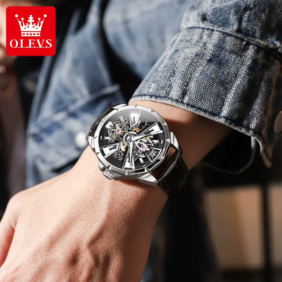OLEVS Armbanduhr Automatik, Edelstahl, Leder, Schwarz, Herren - Bild 5