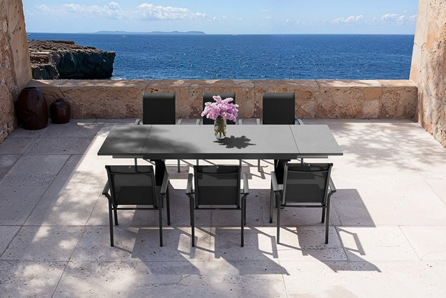 Kettler BasicPlus Pro Garten-Essgruppe in Anthrazit mit ausziehbarem Tisch und 6 Stapelsesseln aus Aluminium, Textilene und Spraystone, Tisch B: 180 bis 280 cm, B: 100 cm, H: 78 cm - Bild 1