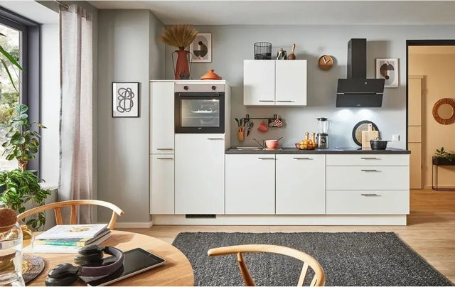 pino Küchenzeile Weiß mit Seitenschrank und integrierter Geräteaufnahme, Breite: 300 cm - Bild 1