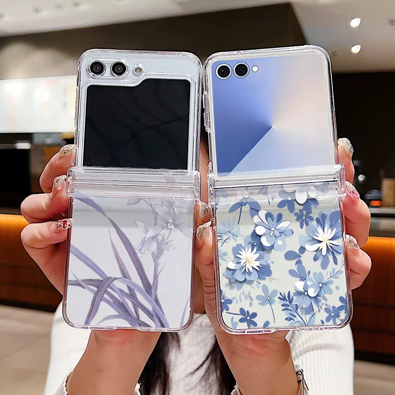 Transparente Samsung Galaxy Z Flip Handyhülle mit blauem Blumenmuster, stoßfeste PC-Schutzhülle - Bild 2