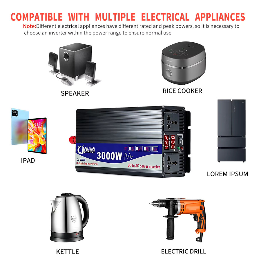 CJ CHANGI Reiner Sinus-Wechselrichter 3000W bis 5000W DC 12V/24V zu AC 220V 50Hz mit Universal- und Europäischer Steckdose in Schwarz - Bild 4