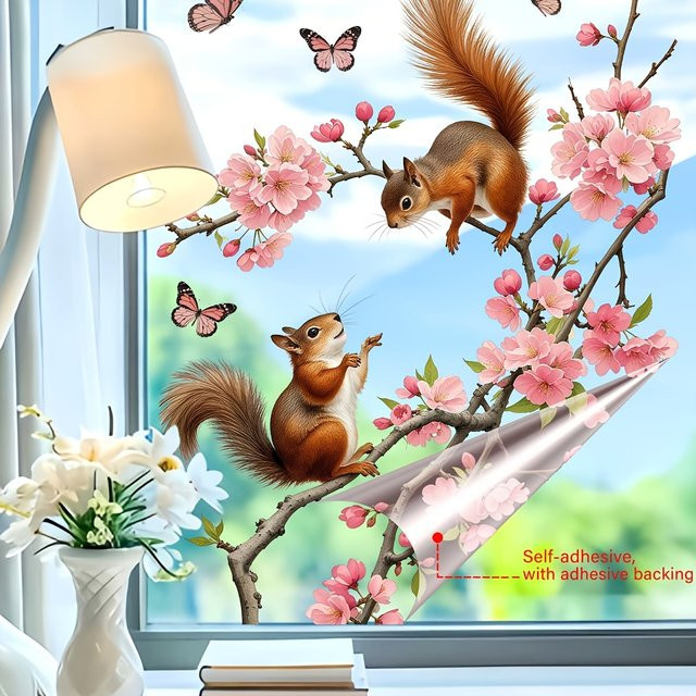 Kingsmile Fensteraufkleber mit Eichhörnchen und Kirschblüten, wiederverwendbare Sakura-Dekoration in Mehrfarbig - Bild 1