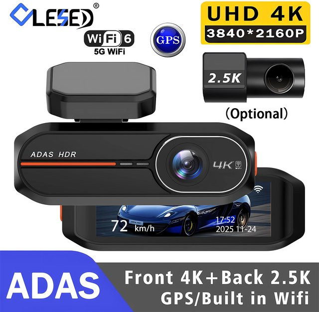 OLESED 4K Dashcam mit WLAN und GPS, Frontkamera 4K UHD sowie Rückkamera 2.5K, DVR-Videorekorder mit ADAS und 24-Stunden-Nachtsicht, Blackbox für dein Fahrzeug in Schwarz - Bild 1