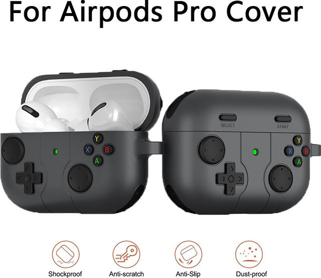 Silikon-Ohrhörerhülle für Apple AirPods Pro 1 und 2 sowie AirPods 4 im 3D Cartoon Gamepad Design mit Haken, Farbe: Schwarz - Bild 1