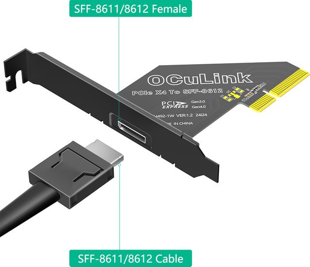 TISHRIC PCIe 4.0 X1 X4 zu Oculink SFF 8611/8612 Riser Adapterkarte für PCI Express 1X 4X zu PCI-E SSD Konvertierung mit langer Profilhalterung, Schwarz - Bild 1
