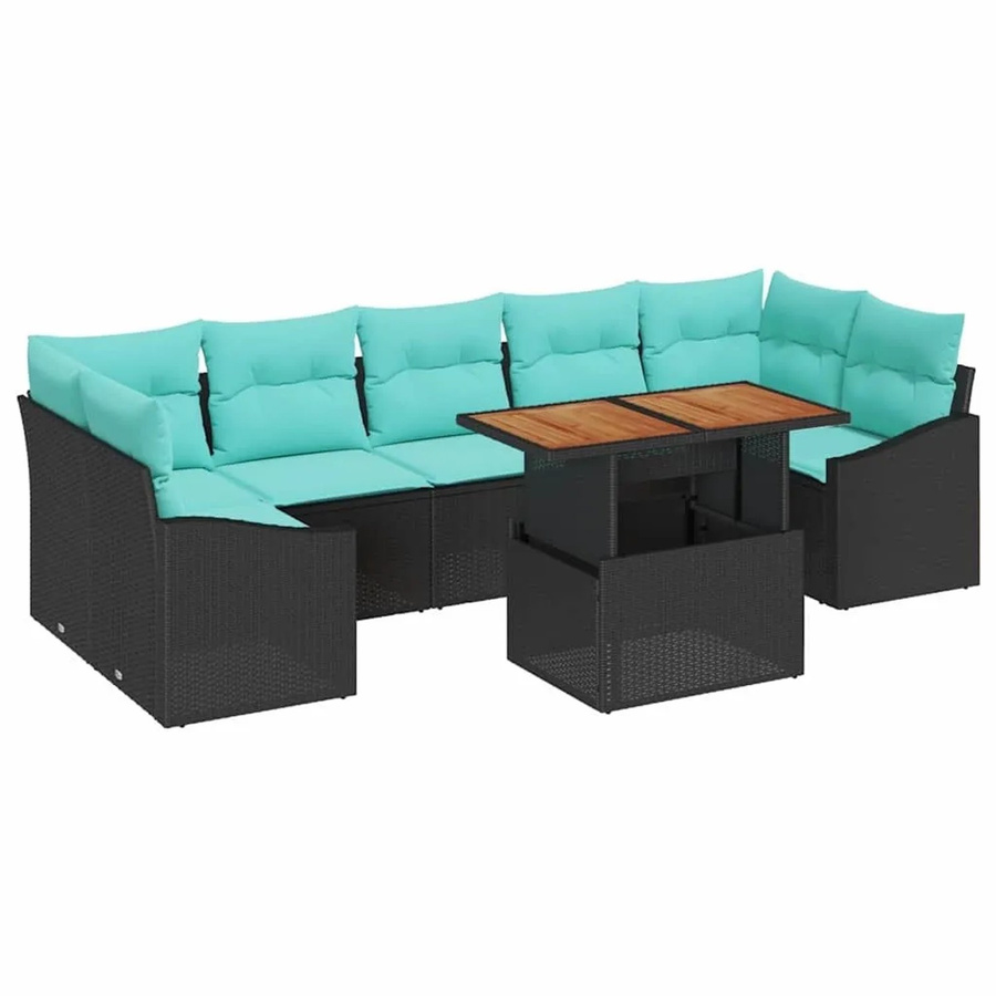 vidaXL Garten Essgruppe 8-teilig aus Poly-Rattan, Stahl und Akazienholz in Schwarz und Türkis mit Kissen - Bild 2