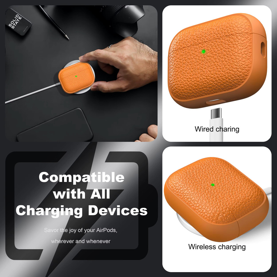 Schutzhülle für Apple AirPods Pro 3/Pro 2/4 aus weichem TPU im Lederdesign in Orange inklusive Schlüsselanhänger und Reinigungsset - Bild 5