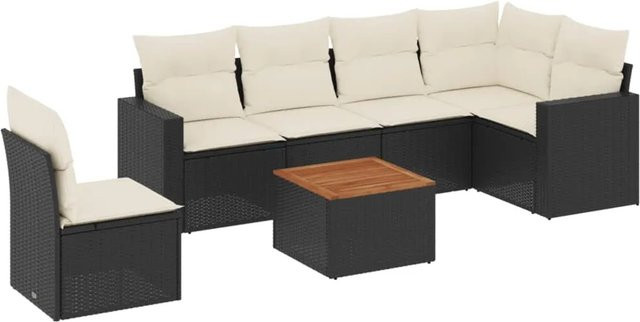vidaXL 7-tlg Garten-Sofagarnitur aus Poly-Rattan und Akazienholz in Schwarz mit Kissen - Bild 1