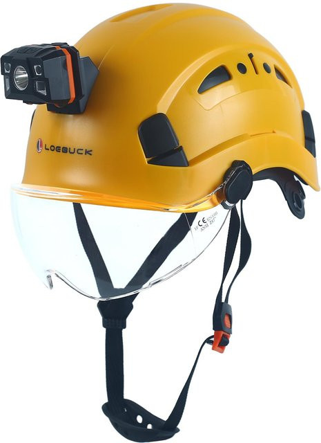 LOEBUCK Schutzhelm Gelb mit Schutzbrille und LED-Scheinwerfer nach EN 397 für Bauarbeiten, Kopfumfang: 53-64 cm - Bild 1