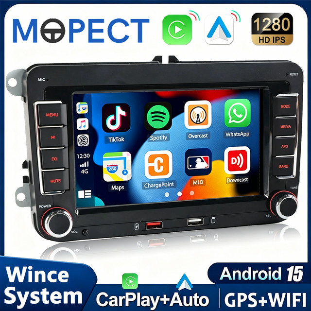 Mopect 7-Zoll Kabelloses CarPlay Autoradio mit GPS, Bluetooth 5.0, RDS und FM in Schwarz für VW Golf, Passat, Polo, Touran, Tiguan, Caddy, EOS, Jetta, Seat und Skoda - Bild 1