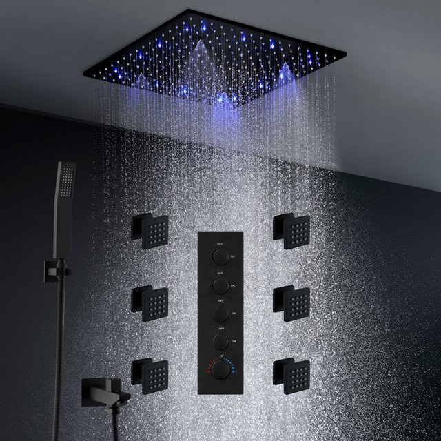 SKY RAIN LED Duschkopf Set mit Temperaturregler und Massage Jets in Schwarz, 400 x 500 mm - Bild 1