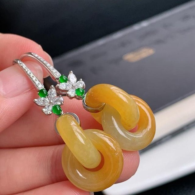 YIRAN Jewelry Ohrringe, Hotan Jade gelb, Kupfer, Zirkonia, Kristall, Damen - Bild 1