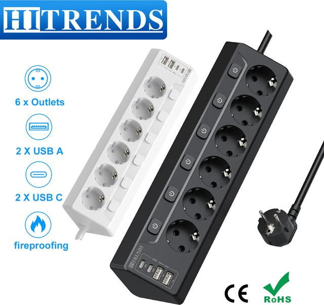 HITRENDS 6-Wege-Eck-Steckdosenleiste in Schwarz mit 2 USB-C Anschlüssen und 2 m Kabel - Bild 1