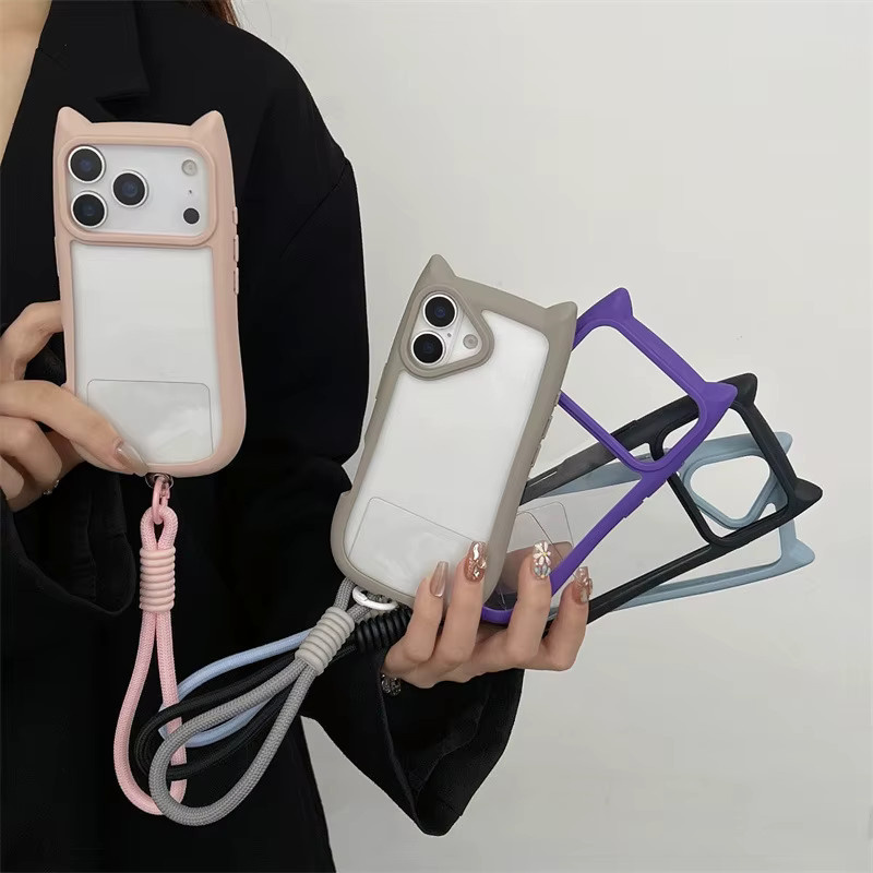 MUQGEW Handyhülle mit Katzenohren und Trageseil für iPhone 17 Air 16e 15 14 13 12 Pro Max Mini, transparentes Acryl, stoßfeste Schutzhülle - Bild 4