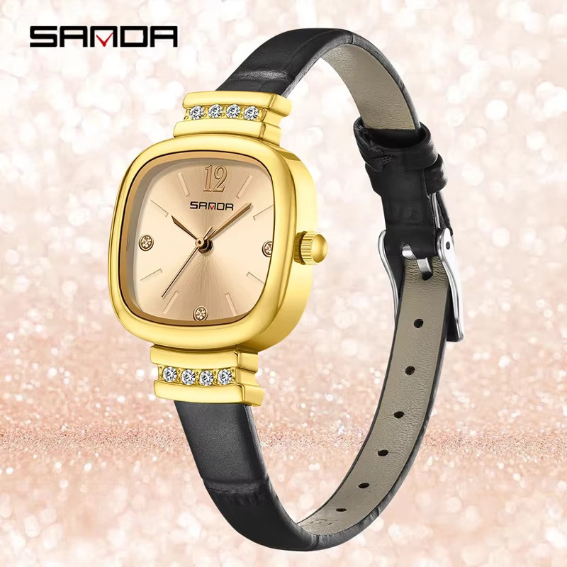 SANDA Armbanduhr, Diamant, Leder, Gold, Damen - Bild 2