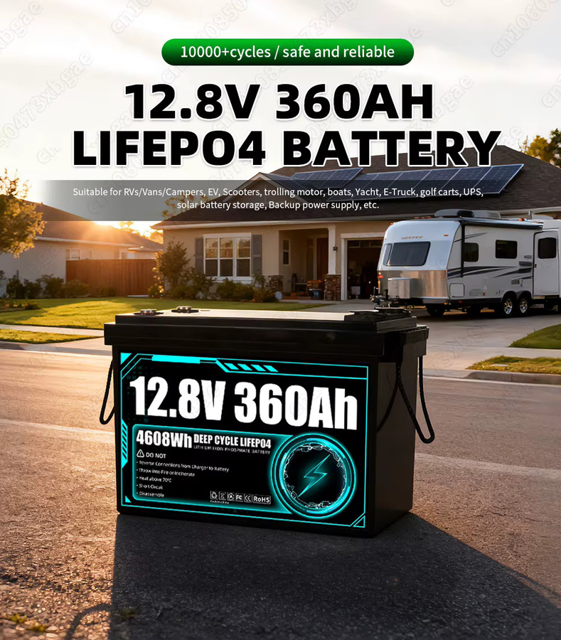 Futuraglow 12V 360Ah LiFePO4 Batterie Klasse A, 12,8V Lithium-Eisenphosphat-Akku-Pack in Schwarz mit hoher Kapazität und 10.000 Tiefentladezyklen für Wohnmobile, Vans und Camper - Bild 2