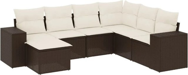 vidaXL 7-tlg. Garten-Sitzgruppe aus Polyrattan in L-Form mit Kissen, Braun - Bild 1