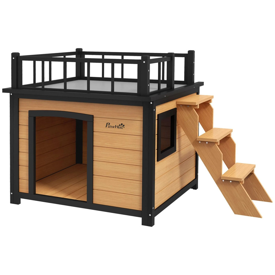 PawHut Hundehütte aus Tannenholz mit Balkon und Treppe in Gelb, B/T/H: 121 x 77 x 78 cm - Bild 2