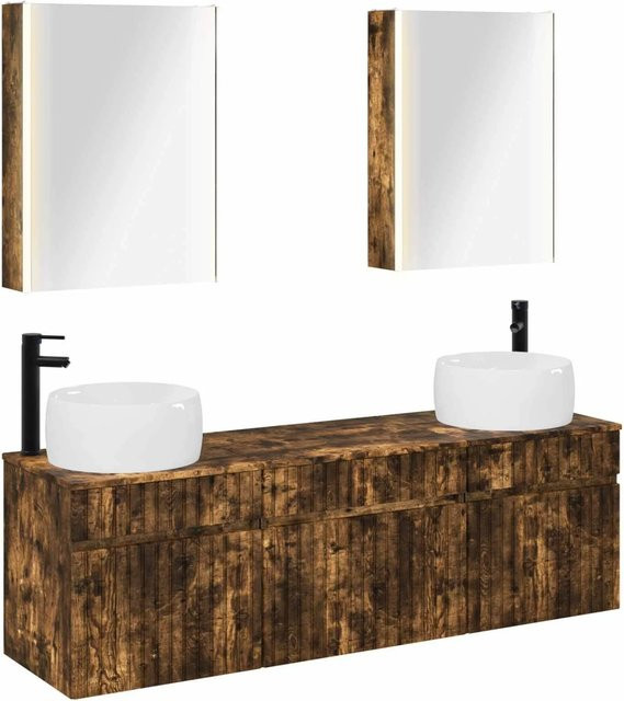 vidaXL Badezimmerschrank-Set 5-teilig in Geräucherte Eiche, modern, mit LED-Beleuchtung und Spiegelschrank, B/T/H: 53 x 15,5 x 70 cm - Bild 1