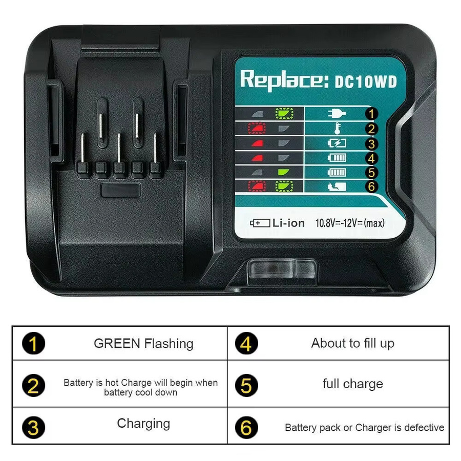 Makita DC10WD Li-Ion Akku Schnellladegerät für 10,8 V und 12 V Werkzeuge mit LED-Anzeige, 40 W und 3 A - Bild 4