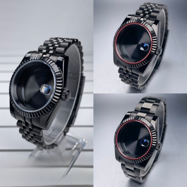 MACARLON Uhrengehäuse Edelstahl, 39 mm, Schwarz, Geriffelte Lünette - Bild 1