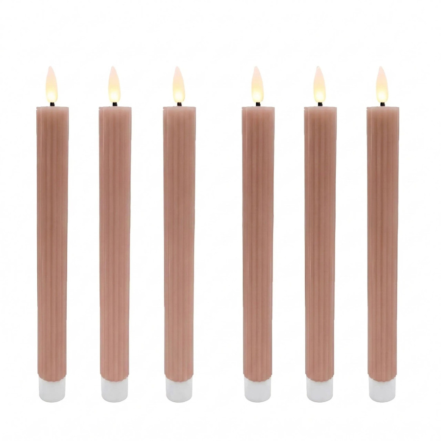 Relaxdays LED Stabkerzen 6er Set aus Echtwachs in Altrosa mit Flackerndem Flammeneffekt und Rillen-Design, Höhe: 25 cm, Durchmesser: 2 cm - Bild 2