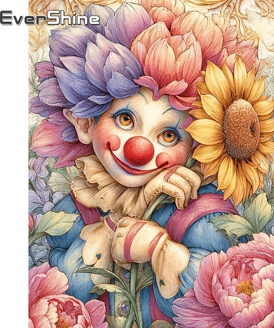 EverShine Diamant-Stickerei Clown und Sonnenblume Porträt als quadratische Drill-Malerei in Mehrfarbig, B/H: 30,0 x 20,0 cm - Bild 1