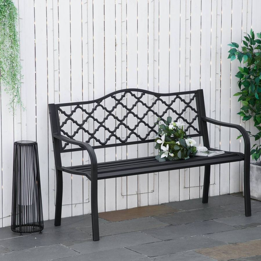 Outsunny Gartenbank im Vintage-Stil mit Karo Design aus Gusseisen und Stahl, Schwarz, B/T/H: 128 x 58,5 x 89 cm - Bild 4