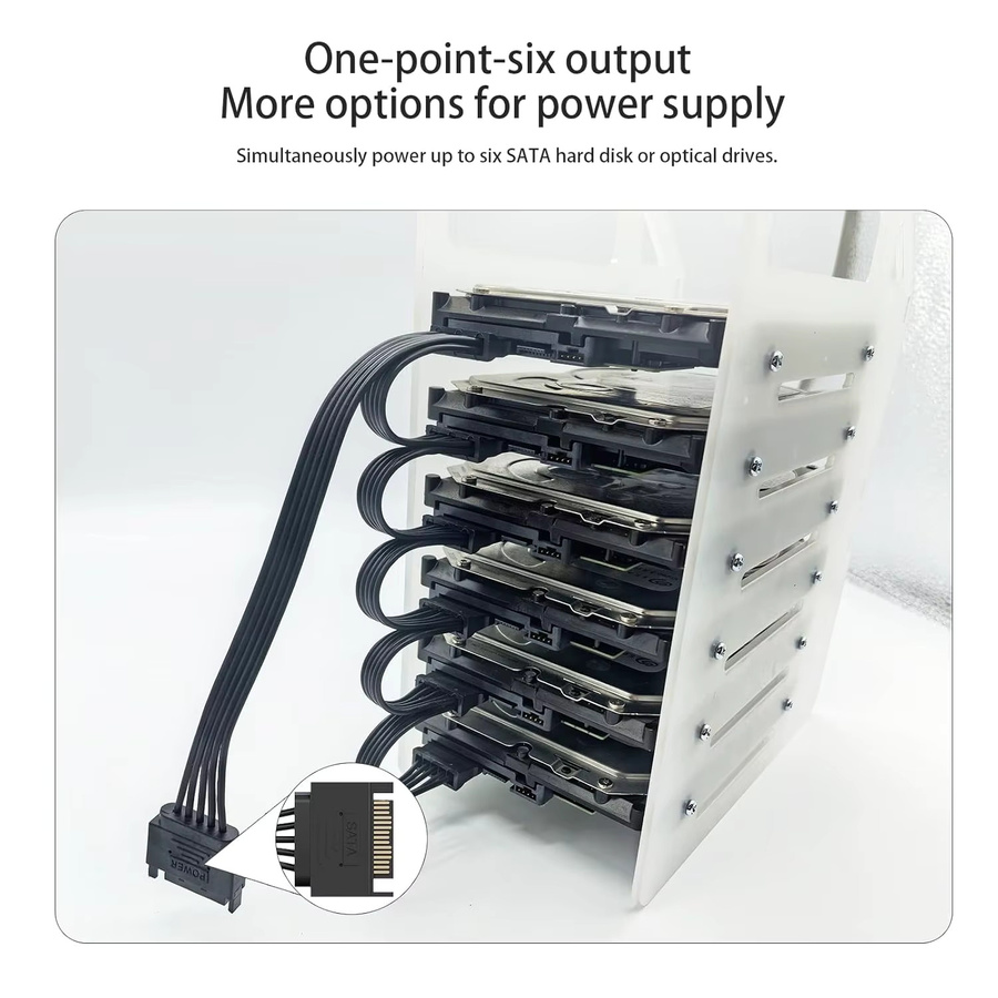 JoniSerl SATA-Stromverteilerkabel 6-fach, 15-Pin auf 6 Anschlüsse für HDD, SSD und optische Laufwerke, Schwarz - Bild 5