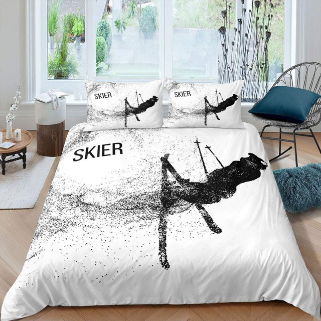 Binchi Fitness Bettwäsche-Set Winter Ski Sportarten mit Hochgebirgslandschaft, Blau Weiß, B/H: 135 x 200 cm - Bild 1