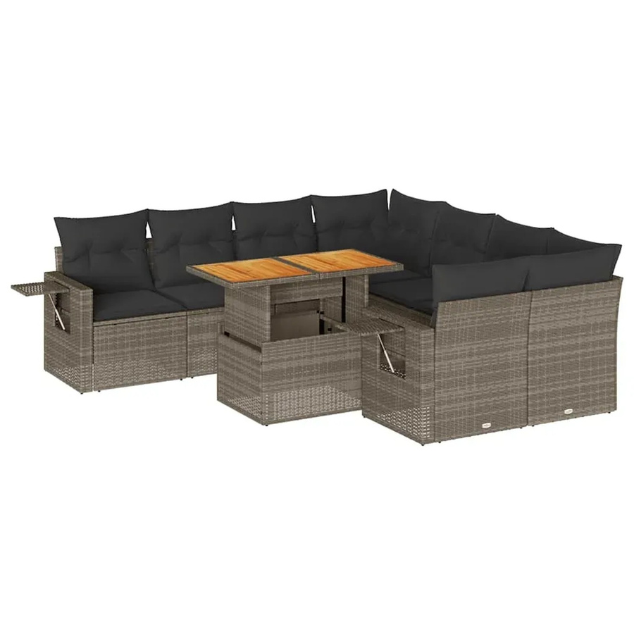 vidaXL 9-teilige Garten-Sofagarnitur aus Poly-Rattan und Akazienholz in Grau mit Kissen - Bild 2