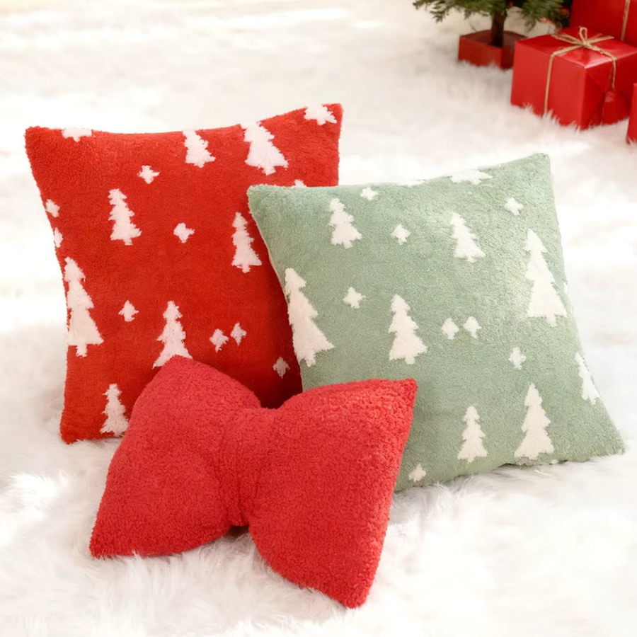 BUYNOW Plüsch Kissenbezug mit Weihnachtsbaum-Jacquard-Design für Sofa und Bett, Grau und Rot - Bild 4
