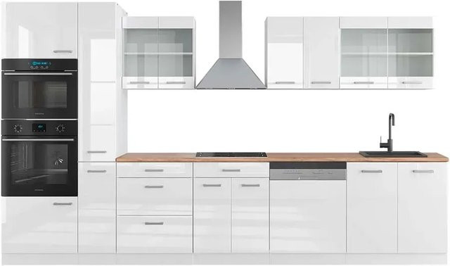 Vicco R-Line Küchenzeile Weiß Hochglanz mit Hochschrank in Eiche, Breite: 350 cm - Bild 1