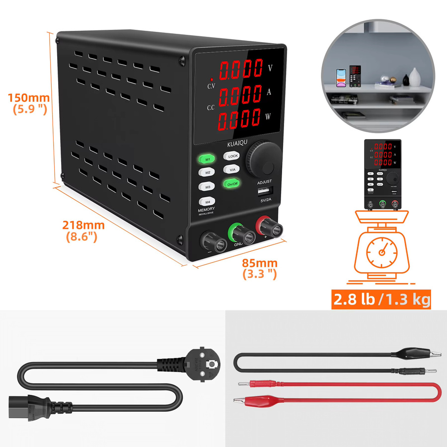 KUAIQU Programmierbares DC-Netzteil in Schwarz mit einstellbarer Ausgangsspannung bis 120 V und voreingestelltem Strom - Bild 2