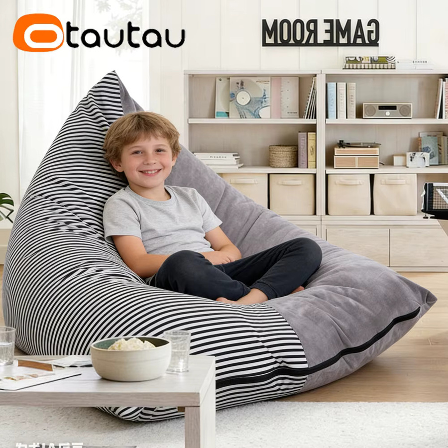 OTAUTAU Sitzsack-Bezug aus weichem Milch-Samt in Grau mit Streifen-Design, Loungesessel-Ersatzbezug für Kinder, B/H/T: 120 x 120 x 70 cm - Bild 5