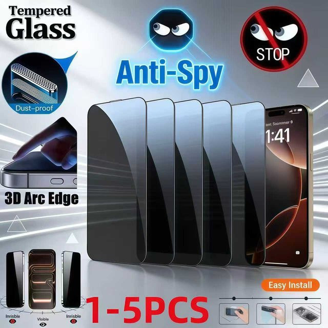 Anti-Spion Panzerglas Display Schutz für iPhone 17 16 15 14 Pro Max und weitere Modelle mit voller Abdeckung - Bild 1