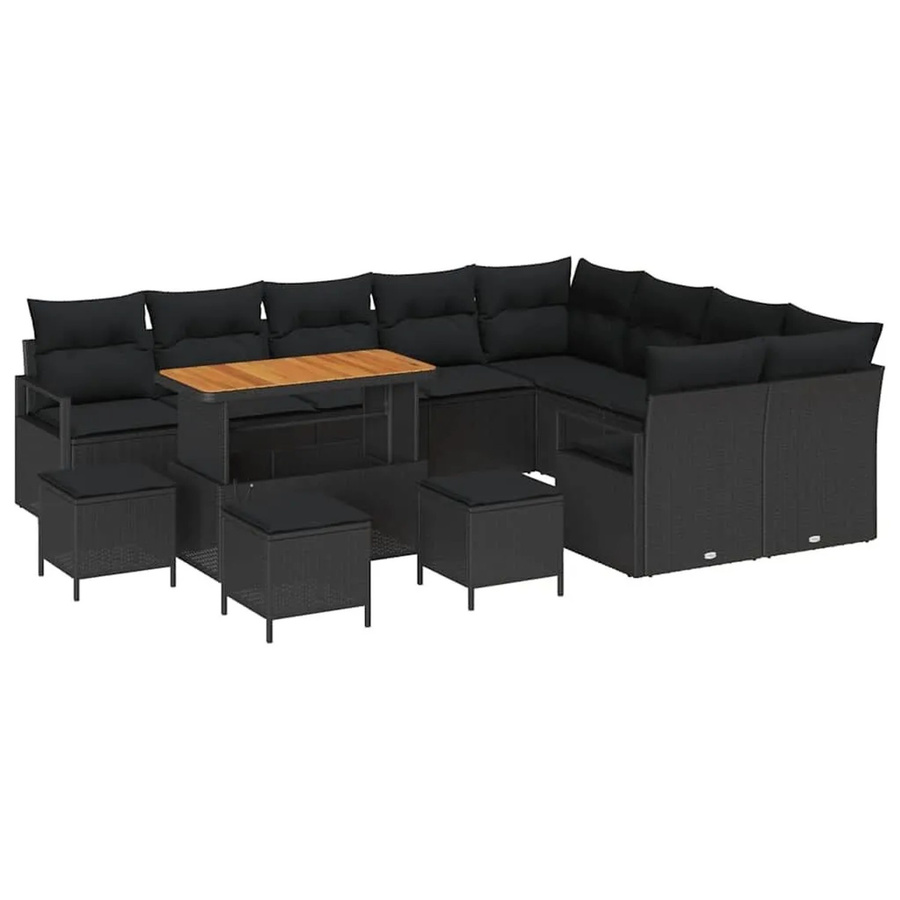 vidaXL Garten-Sofa-Set mit Kissen und Speicherfunktion, 13-teilig, Schwarz, Rattan und Akazienholz - Bild 2