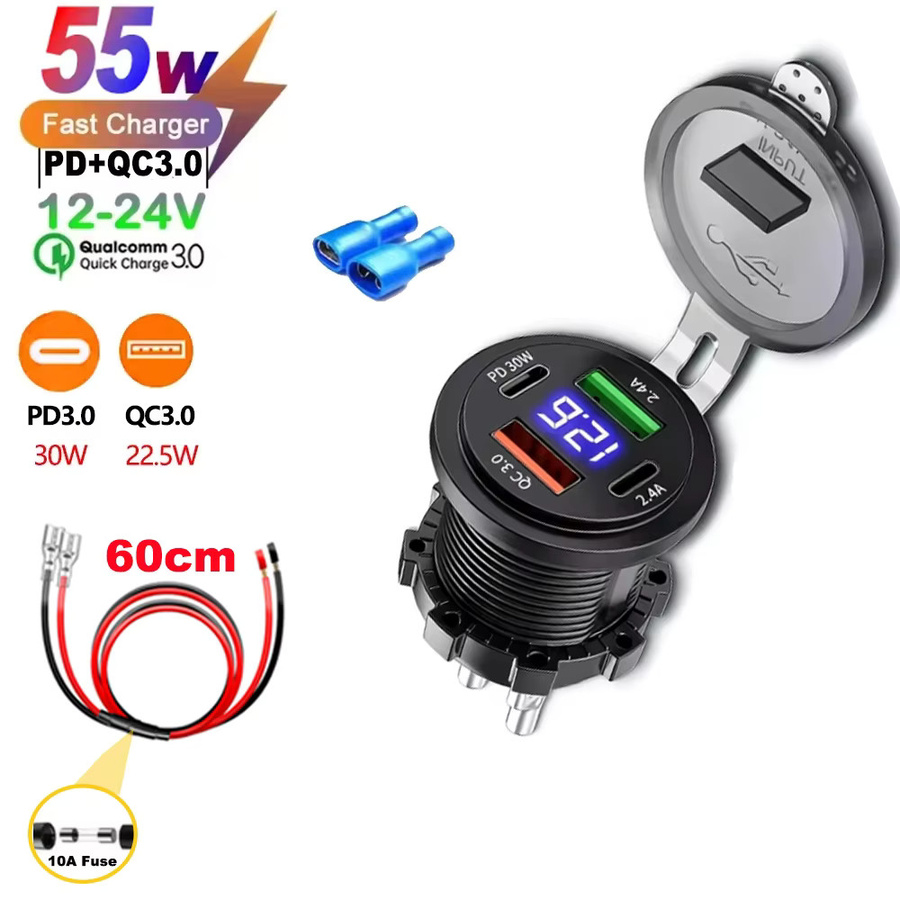 kebidumei Auto-Ladegerät mit Dual-USB PD & QC 3.0, 4 Anschlüssen, Voltmeter und wasserdichtem Steckdosenadapter für Auto und Boot, Schwarz - Bild 5