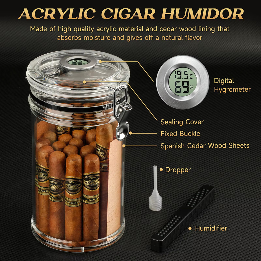 XIFEI Reise-Humidor aus Acryl und Zeder mit digitalem Hygrometer und Luftbefeuchter, transparent, passend für 15–20 Zigarren - Bild 2