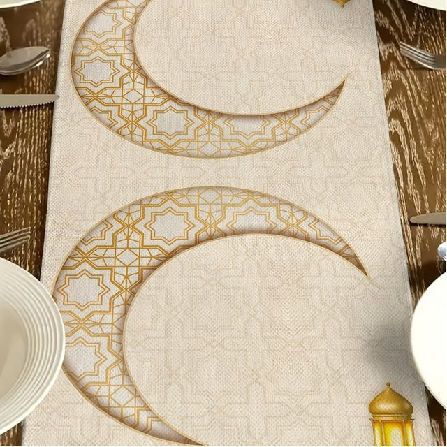VIKAMA Tischläufer Ramadan mit Stern- und Mondmuster in Gold und Beige aus Leinen - Bild 1