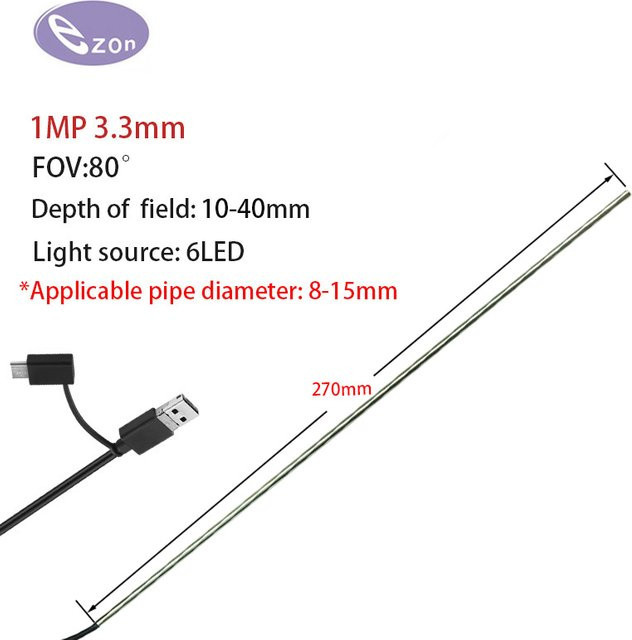 Industrielles Endoskop 720p HD Endoskopkamera mit 3,3mm Durchmesser und 6 LEDs in Schwarz, kompatibel mit Android-Systemen zur Inspektion von Waffenrohren - Bild 1