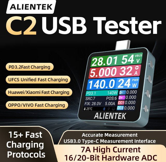 ALIENTEK USB Tester C2 Digitales Voltmeter und Ladedetektor mit PD3.2 Schnellladungserkennung und Batterietester in Schwarz - Bild 1