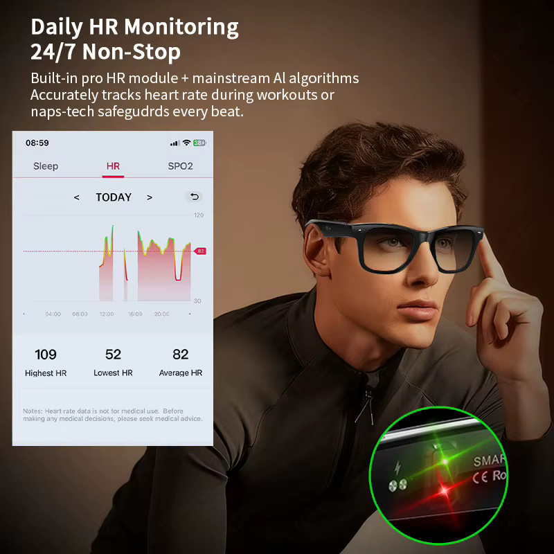 LIGE AI Smart Brille in Schwarz mit Bluetooth, Herzfrequenz-, Blutsauerstoff- und Temperaturmessung sowie Übersetzungsfunktion und Musikwiedergabe - Bild 3