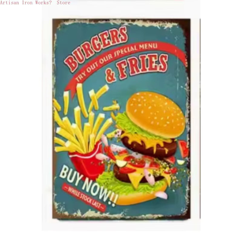 6-teiliges Vintage-Hamburger-Metallschild-Set von Potdemiel als Wanddekoration aus Eisen in Mehrfarbig mit Burger- und Pommes-Designs - Bild 2