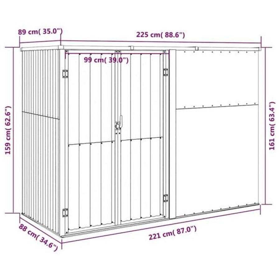 vidaXL Geräteschuppen aus verzinktem Stahl in Braun mit Schrägdach, B: 225 cm, H: 161 cm, T: 89 cm - Bild 2