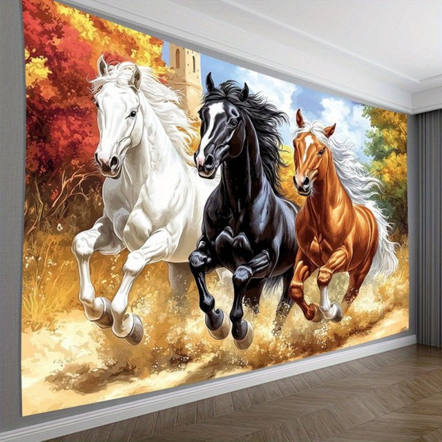 VIKAMA Wandbehang mit galoppierenden Pferden in Herbstwald-Optik, mehrfarbige Textil-Tapisserie als moderne Wanddekoration, B/H: 60 x 40 cm - Bild 1