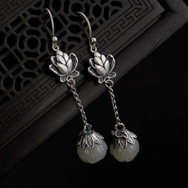 Ohrringe Natürliche Hetian Weiße Jade Lotus, Damen - Bild 1