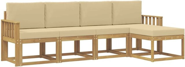 vidaXL Outdoor-Sofagarnitur aus Akazienholz in L-Form mit Ottoman und Kissen, Weiß und Beige - Bild 1