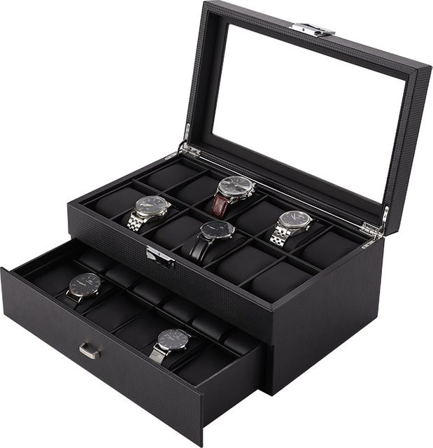 DOKW Uhrenbox-Organizer aus schwarzem PU-Leder mit Kohlefaser-Optik, doppellagig mit 24 Fächern und quadratischem Glasdeckel zur Schmuckaufbewahrung - Bild 1