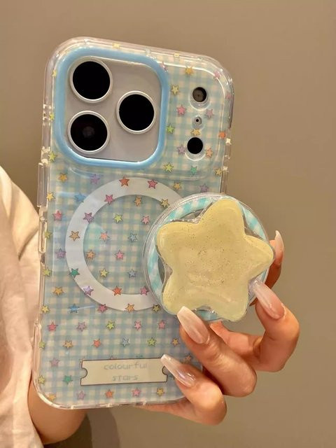 KASONPAI Handyhülle mit blauem Gittermuster und Sternen für iPhone 17, 16, 15, 14 Pro Max inklusive magnetischem Griff und MagSafe Kompatibilität - Bild 1